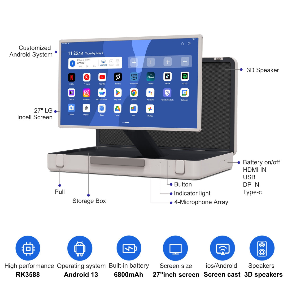 Valigia Portatile mod. VALPORT 27-3588, LCD da 27", Touch PCAP, RK3588 8Core, ram 8Gb, rom 128Gb, Android 14 ( Opz. WebCam, QRcode e RFid )